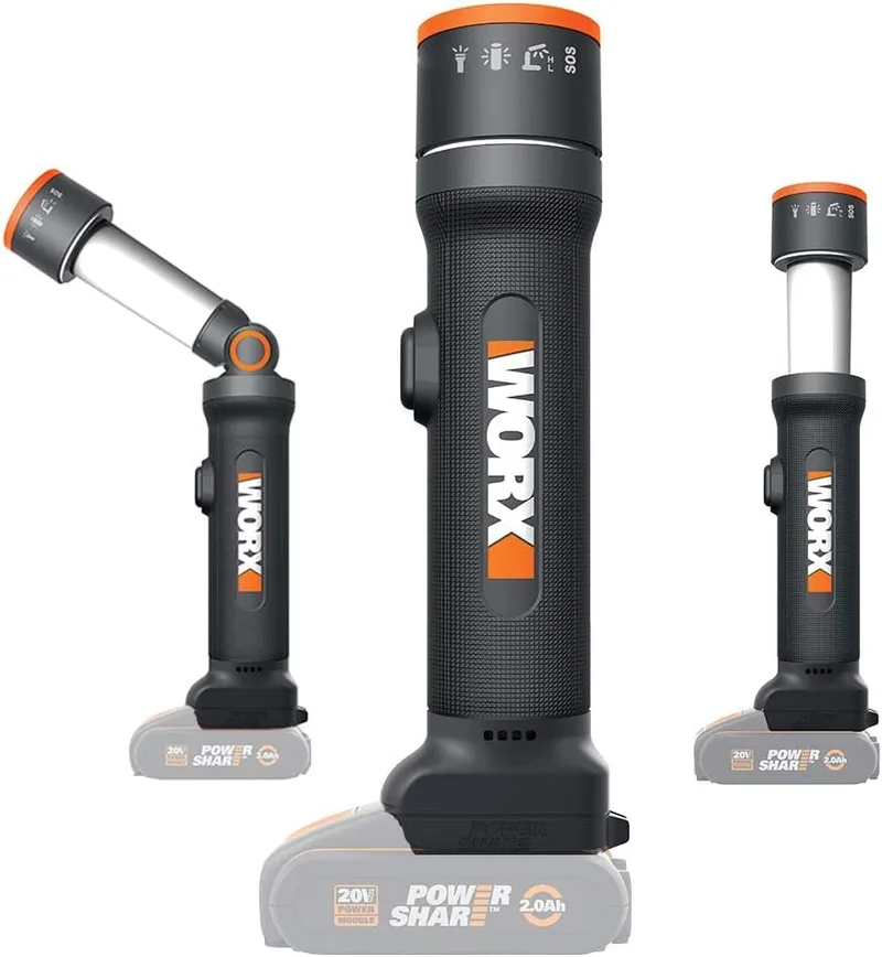 WORX ▫️ WX027.9 Lanterna LED 4 em 1 de 20 V (sem bateria), alcance de 80 m, cabeça giratória ±72°, funções de lanterna, foco de 360°, lâmpada e sinal de SOS