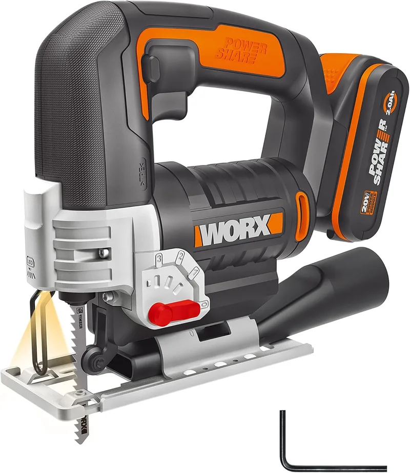 WORX ▫️ Serra de corte 20 V | PowerShare | WX543-1 bateria de 2 Ah | oscilação de 4 posições, troca rápida da lâmina, profundidade de corte de 24 mm, luz LED