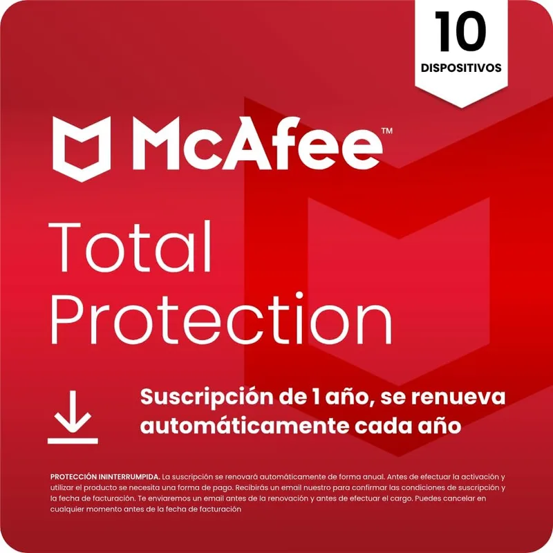 McAfee ▫️ Total Protection para 10 dispositivos 2026 | Antivírus, VPN, software de segurança, gestor de palavras-passe, | Subscrição de 1 ano com renovação automática | Descarregar