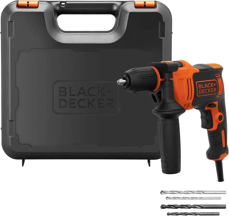Black+Decker ▫️ 710 W, berbequim de percussão com fio de alto rendimento, 0-2800 RPM, com 4 brocas e caixa de acessórios, BEH710K-QS