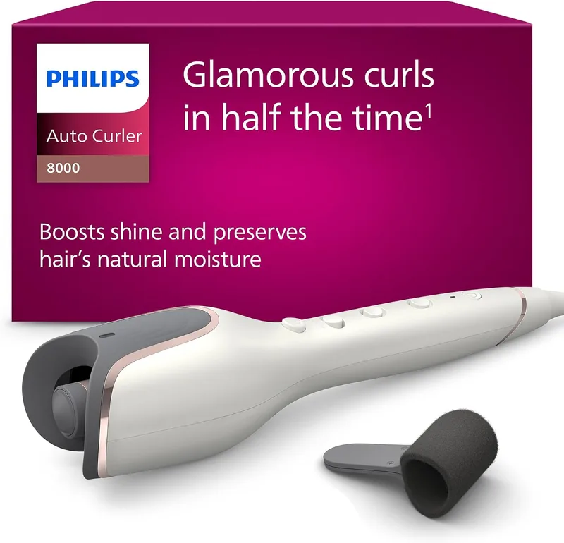 PHILIPS ▫️ Modelador de Cabelo Automático, com tecnologia Moisture Protect, iões, placas cerâmicas com queratina, 27 opções de ondulação, BHB878/00, Branco