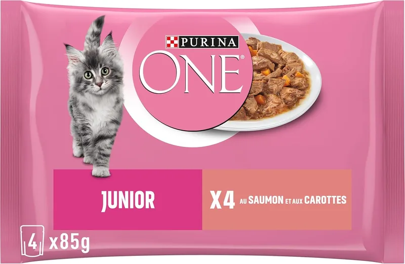 PURINA ONE ▫️ Bifensis Ração húmida para gatinhos, Junior, bebé, até 1 ano com Salmão e Cenouras, 4 embalagens de 85g