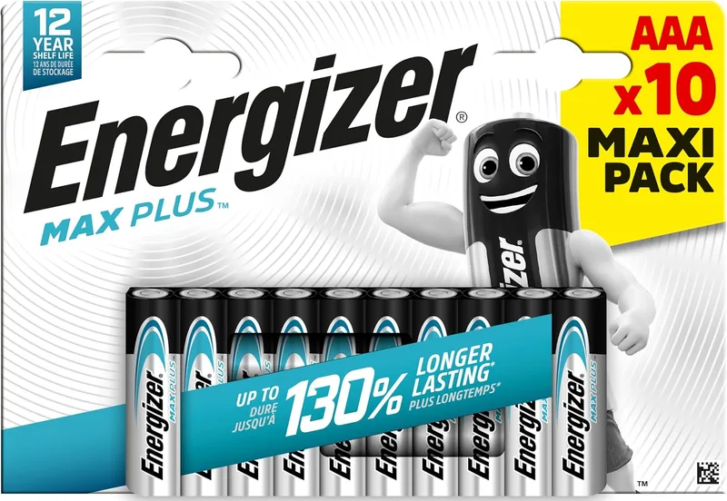 Energizer ▫️ MAX Plus - Pilhas AAA (Embalagem de 10) 1,5 V Pilhas alcalinas - Energia que dura 130% mais - Acessórios para computador e casa inteligente - Embalagem 100% reciclável - 12 anos de vida útil