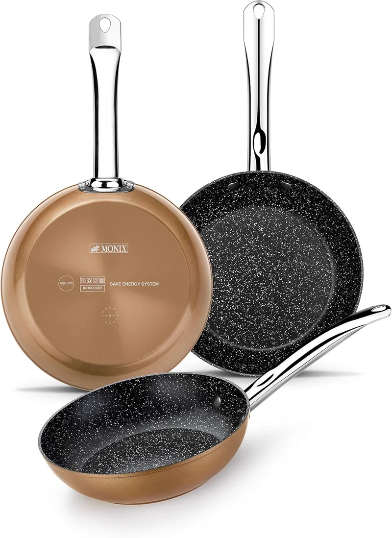 Monix ▫️ Copper | Conjunto de 3 frigideiras de 20-24-28 cm, efeito cobre, alumínio forjado antiaderente com partículas de titânio, adequadas para todos os tipos de fogões, incluindo os de indução