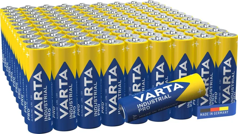 Varta ▫️ Pilhas AA, embalagem de 100 unidades, Industrial Pro, pilhas alcalinas, 1,5 V, embalagem ecológica para armazenamento, Fabricadas na Alemanha [Exclusivo na Amazon]
