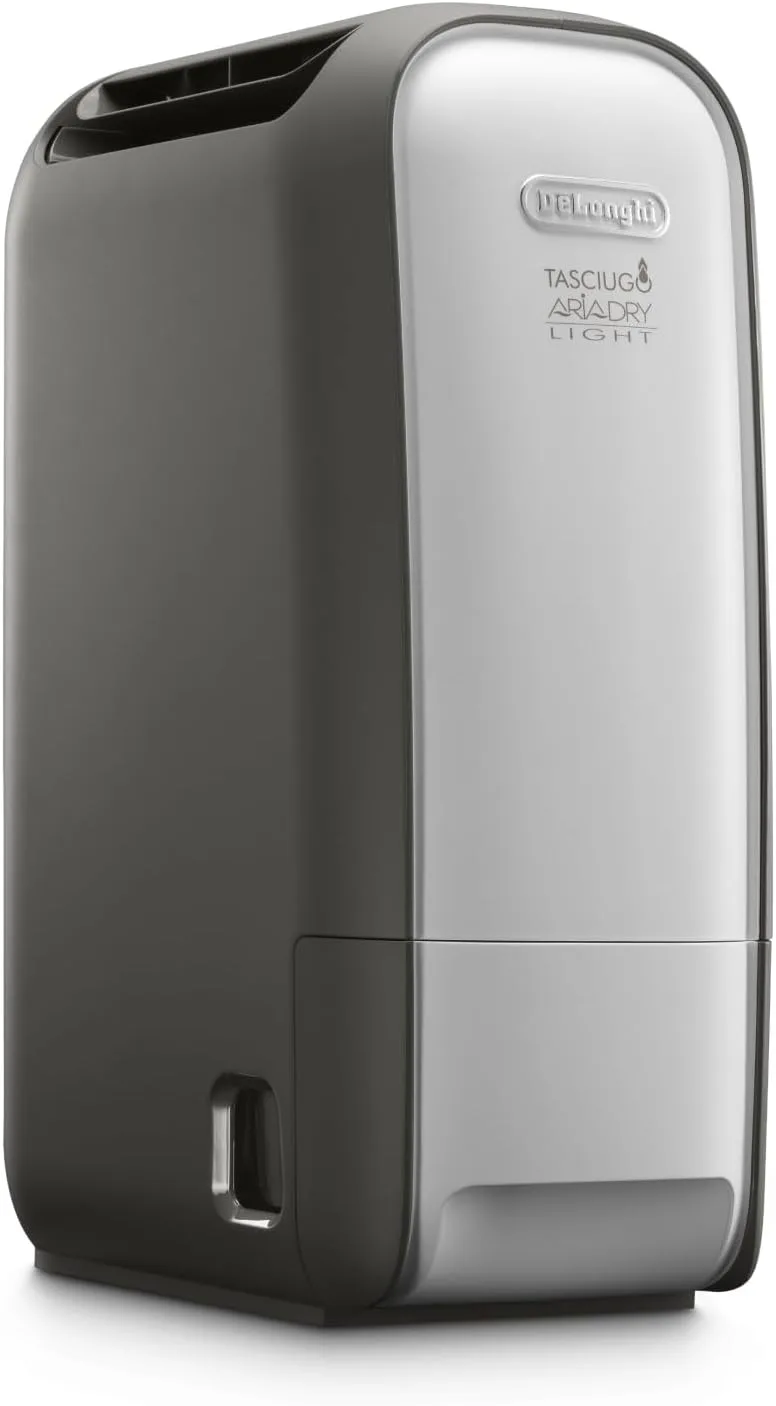 De'Longhi ▫️ De’Longhi Tasciugo AriaDry Light - Desumidificador portátil, tecnologia Zeolite e ionizador, elimina até 7,5 L/dia, seca a roupa, antimofo e silencioso, função oscilante e temporizador, cinzento, (DNS80)