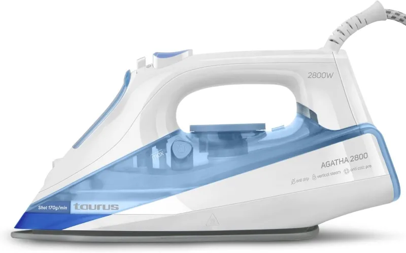 Taurus ▫️ Ferro a vapor Agatha 2800 W | Jato de vapor de 170 g/min | Ponta de precisão | Regulador de temperatura | Sola em cerâmica | Autolimpeza | Sistema duplo anticalcário | Azul