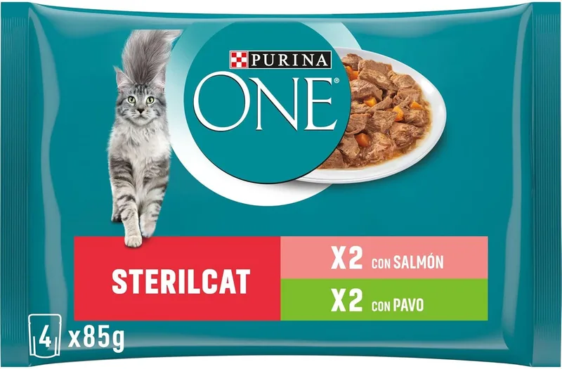PURINA ONE ▫️ Sterilcat, Comida húmida para gatos adultos esterilizados, pedaços em molho, sortido de salmão e peru, 12 embalagens de 4 saquetas de 85 g (48 saquetas)