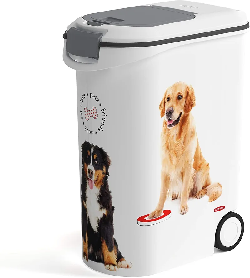 Curver ▫️ Recipiente para alimentos e ração para animais de estimação com rodas, 20 kg/54 L, vedação de borracha anti-odores, com motivos de cães, 28 x 50 x 61 cm