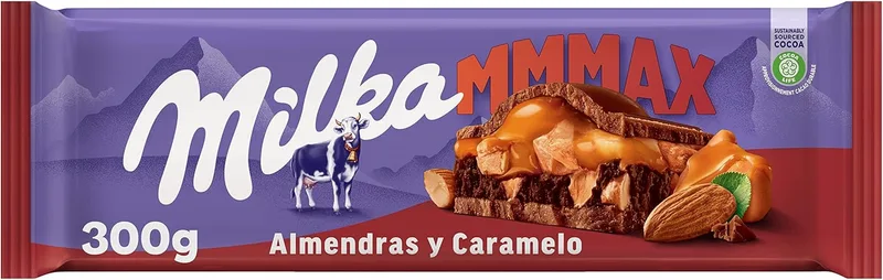 Milka ▫️ MMMAX Tablete grande de chocolate de leite alpino, cacau e caramelo, recheado com pedaços de amêndoa caramelizada e salgada, 300 g