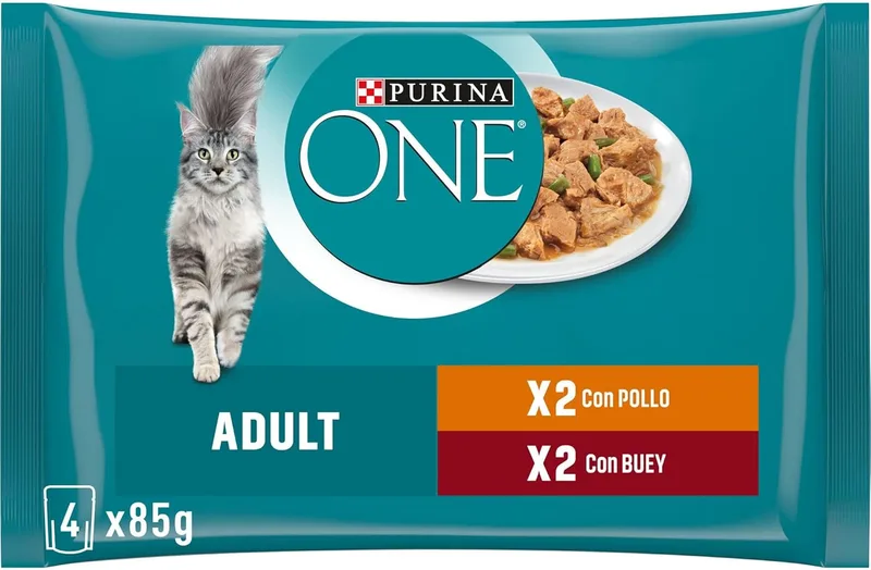 PURINA ONE ▫️ comida húmida para gatos adultos com sabor a vaca, 48 x 85 g