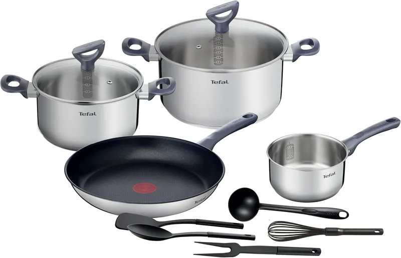 Tefal ▫️ Daily Cook - Conjunto de frigideira antiaderente de 28 cm + 2 frigideiras de 20/24 cm + caçarola de 16 cm + 5 acessórios, adequado para indução, Thermo-Fusion, marcas de medição, lavável na máquina de lavar louça e no forno, aço inoxidável