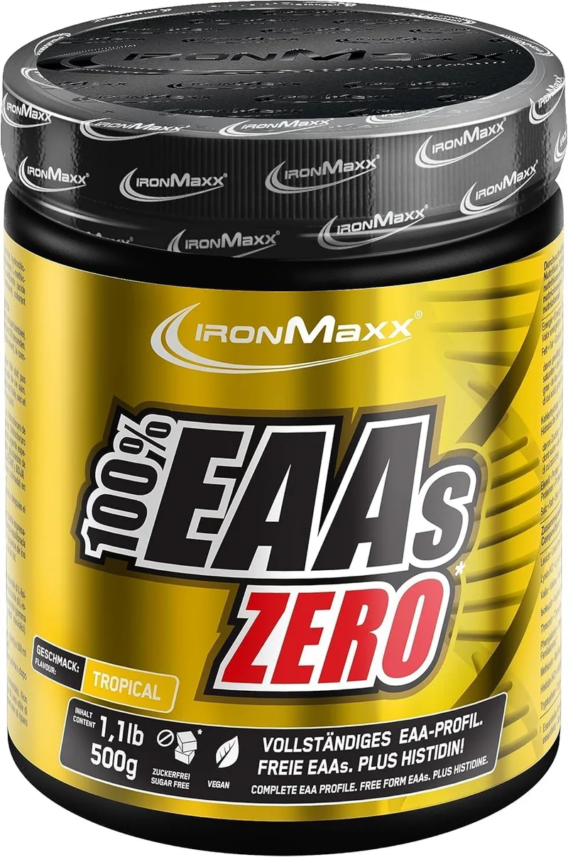 IronMaxx ▫️ ® 100 Percent EAAs Zero Tropical 500 g - Aminoácidos Essenciais em Pó - EAA com BCAA - Sem Açúcar - Suplemento Alimentar para Nutrição Desportiva