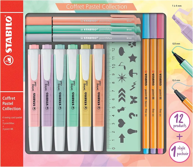 STABILO ▫️ estojo misto - Pastel Collection | 6 marcadores Swing Cool + 3 canetas de ponta fina Point 88 + 3 canetas PointMax + 1 régua-molde