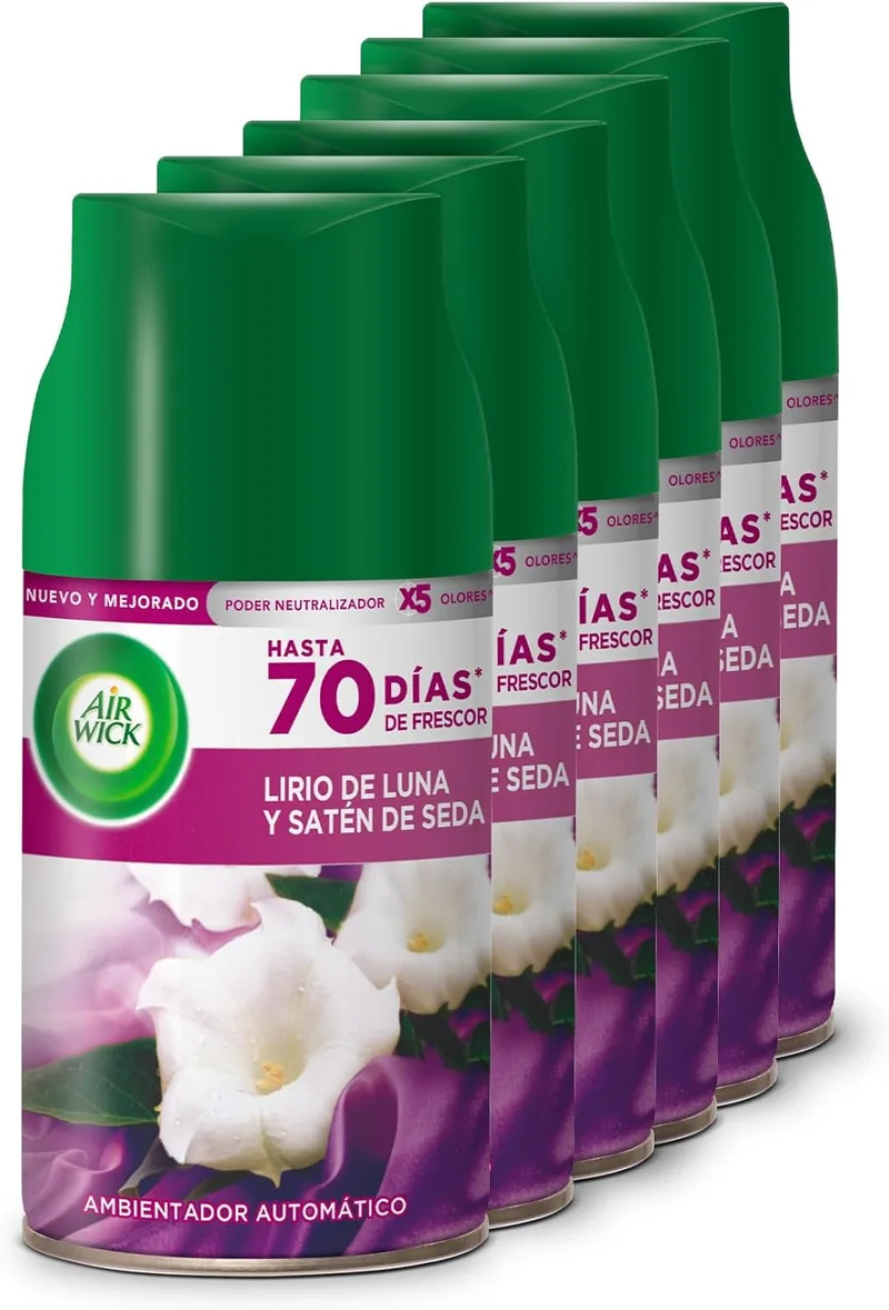 Air Wick ▫️ Freshmatic - Recargas para difusor automático, essência para a casa com aroma a lírio-da-lua e cetim de seda - Embalagem de 6, 1500 mililitros