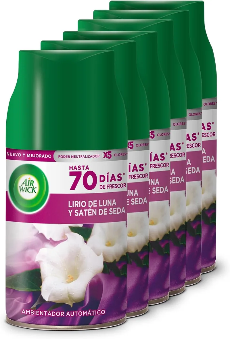 Air Wick ▫️ Freshmatic - Recargas para ambientador automático em spray, essência para a casa com aroma a lírio-da-lua e cetim de seda - Embalagem de 6, 1500 mililitros