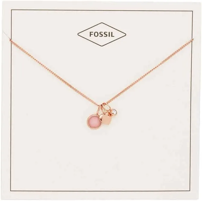 Fossil ▫️ Colar com pendente redondo em aço inoxidável em tom de ouro rosa para mulher, com fecho tipo lagosta