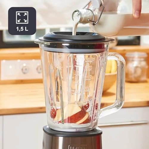 Black+Decker ▫️ Batedeira com copo de 800 W | Copo graduado de 1,5 L | 4 lâminas de aço inoxidável | Várias velocidades + função «Pulse» | Picador de gelo | Copo medidor | Adequada para a máquina de lavar louça 3