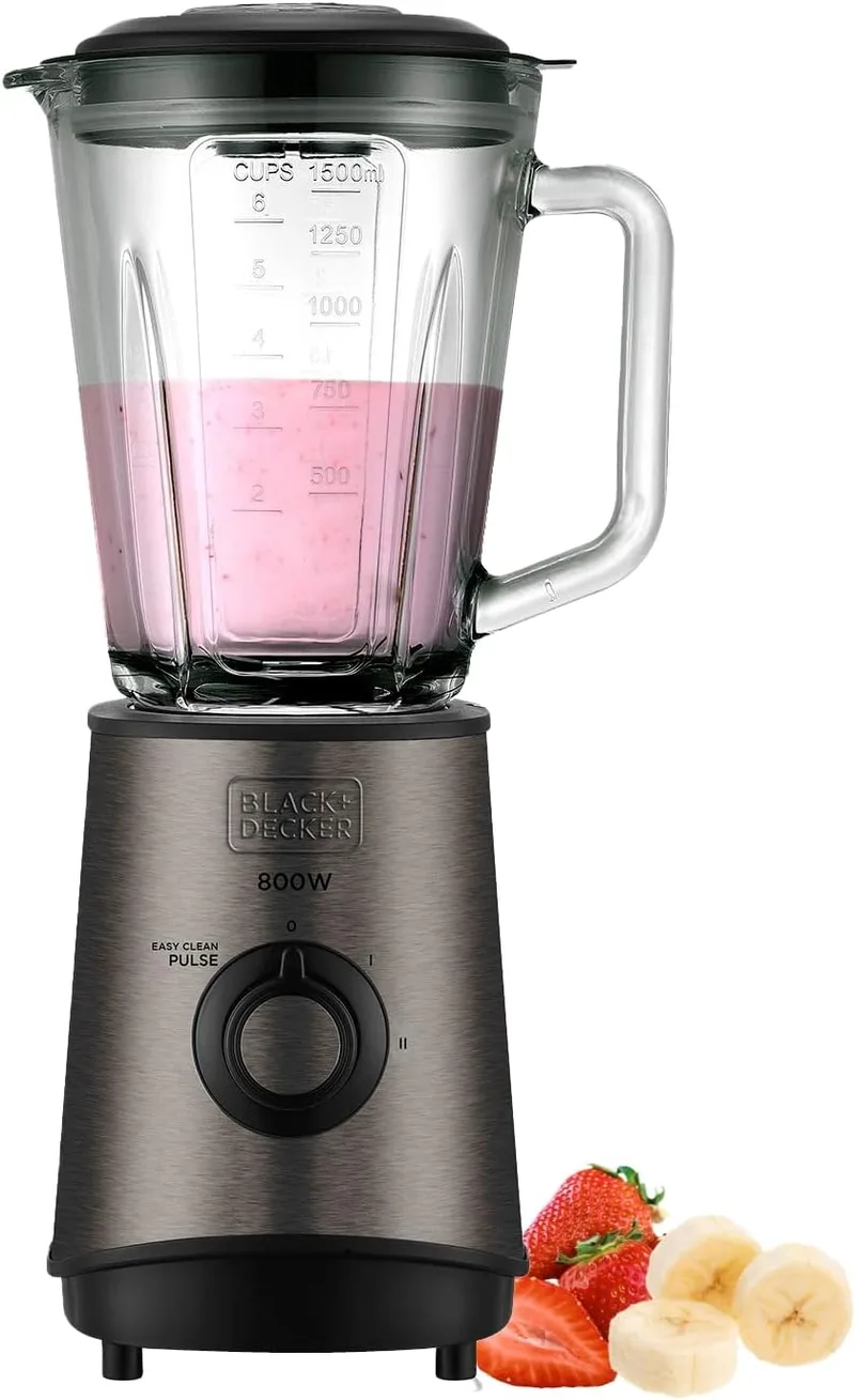 Black+Decker ▫️ Batedeira com copo de 800 W | Copo graduado de 1,5 L | 4 lâminas de aço inoxidável | Várias velocidades + função «Pulse» | Picador de gelo | Copo medidor | Adequada para a máquina de lavar louça