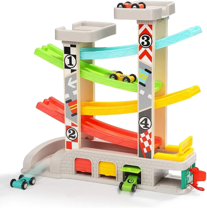 TOP BRIGHT ▫️ Pista de Corrida para Bebés e Crianças de 1 e 2 anos, Carros de Rampa de Brinquedo, Pista de Rampa com 4 Mini Carros