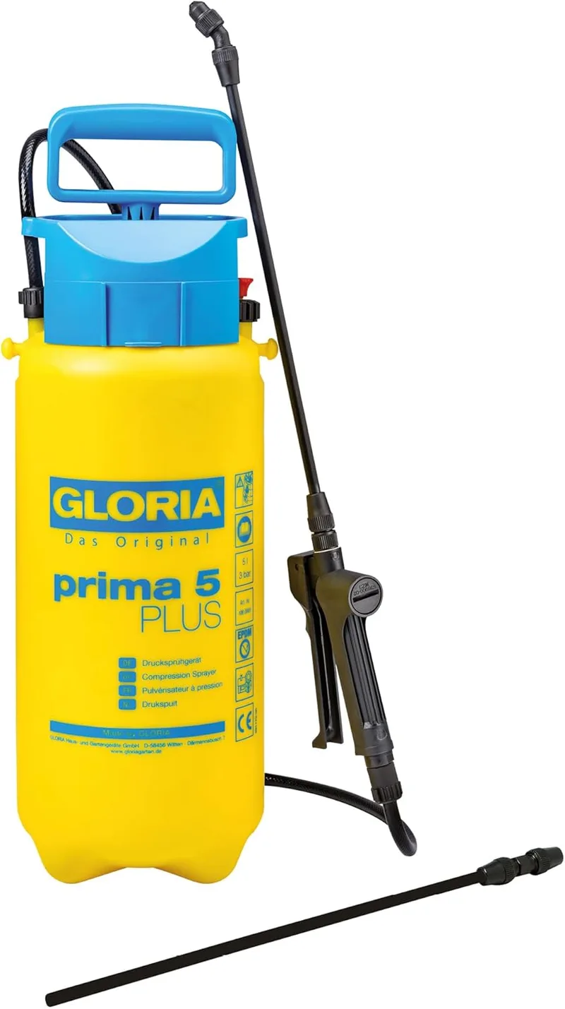 Gloria ▫️ Prima 5 Plus - Pulverizador de pressão, Pulverizador de jardim, Capacidade de enchimento 5, Anti-ervas com ácido acético, Resistente a ácidos, Lança de extensão de 0,4 m