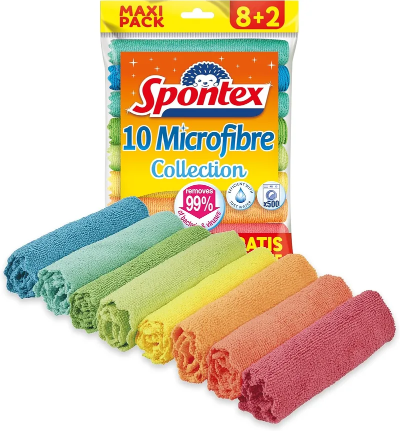 Spontex ▫️ Panos de microfibra multiusos 8 + 2 grátis, 1 embalagem de panos multicoloridos