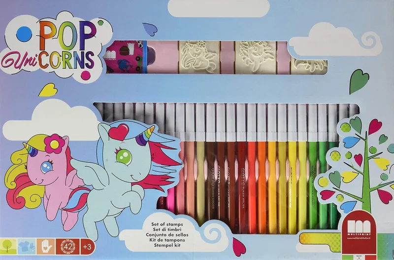 Multiprint ▫️ Conjunto de 3 carimbos e 36 marcadores Pop Unicorns