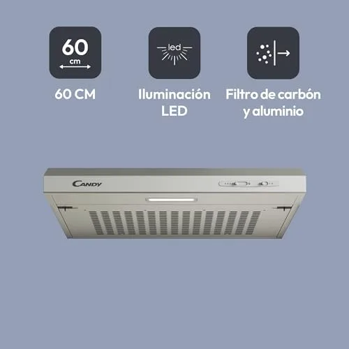 CANDY ▫️ CFT610/5S Exaustor com 60 cm de largura, 3 níveis de potência, capacidade de extração de 208 m³/h, iluminação LED, 87,5 W, 55/71 decibéis, prateado 4