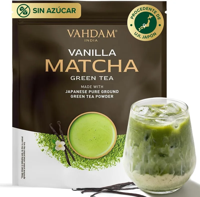 VAHDAM ▫️ Pó de Matcha com Baunilha 100 g – 50 chávenas | Matcha Uji e Baunilha de Madagáscar | 100% Natural | Chá Verde Japonês Premium | Para Latte e Chá