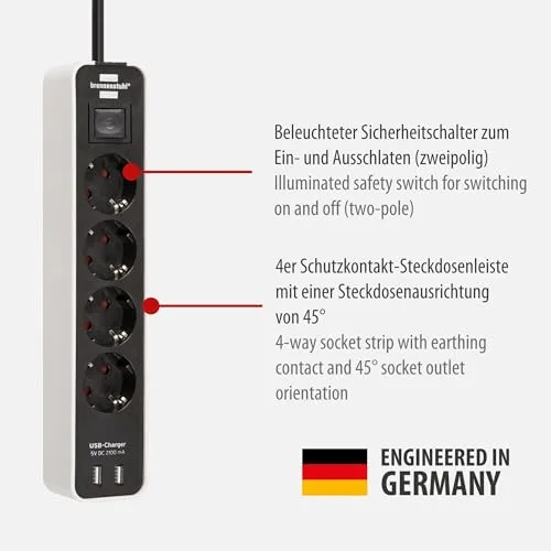 Brennenstuhl ▫️ Ecolor extensão com 4 tomadas e função de carregamento USB (2 portas de carregamento USB, interruptor, cabo de 1,5 m) Branco 2