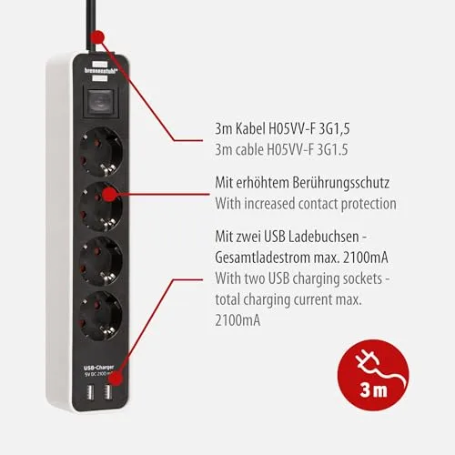 Brennenstuhl ▫️ Ecolor extensão com 4 tomadas e função de carregamento USB (2 portas de carregamento USB, interruptor, cabo de 1,5 m) Branco 3