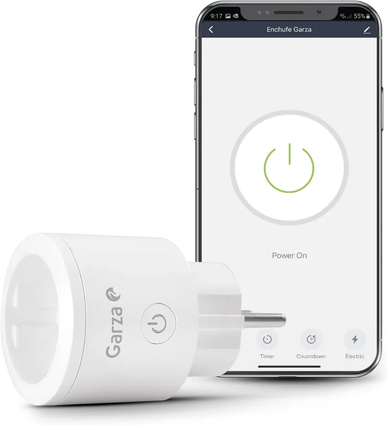 Garza ▫️ Smart - Wifi Smart Plug, programável, Wifi 2,4 GHz, com medidor de consumo, controlo remoto por aplicação e controlo de voz Alexa/Google, branco