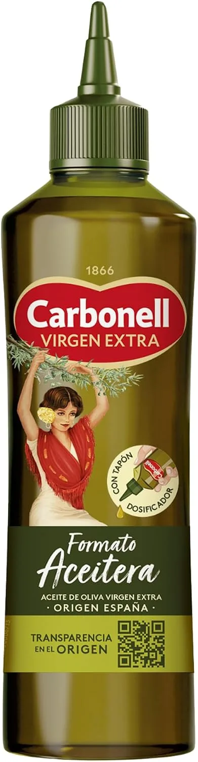 Carbonell ▫️ Azeite Virgem Extra, Utilização Versátil, Sabor Equilibrado, Notas Frutadas e Herbáceas, para Utilização a Frio, como tempero e para marinar, com Tampa Dosadora e Código QR, Formato de Garrafa de Azeite - 460 ml
