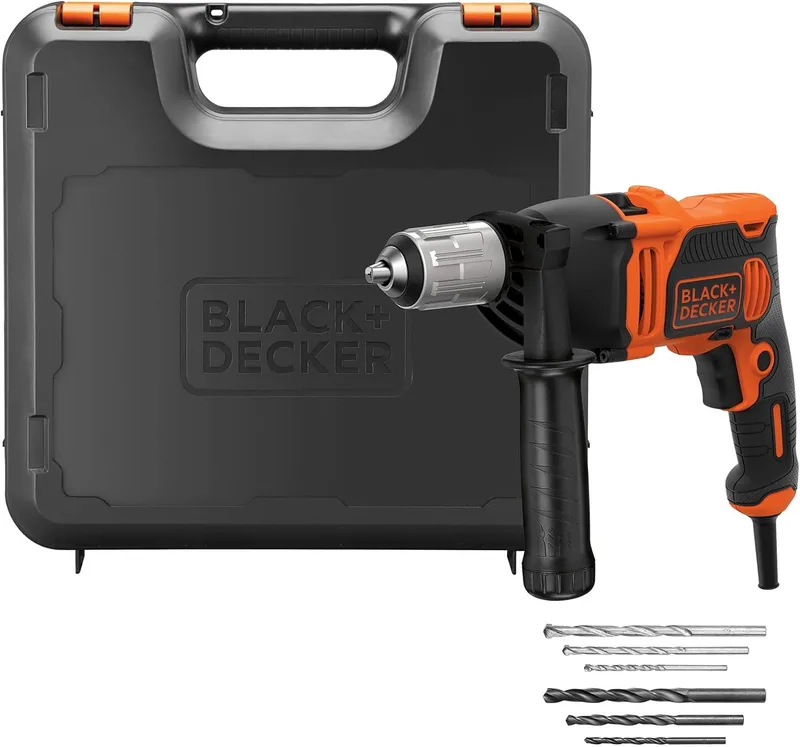 Black+Decker ▫️ Berbequim de percussão de 1 velocidade, 850 W, velocidade variável, bloqueio do eixo, compacto e leve, inclui 6 brocas e caixa de ferramentas, BEH850K-QS