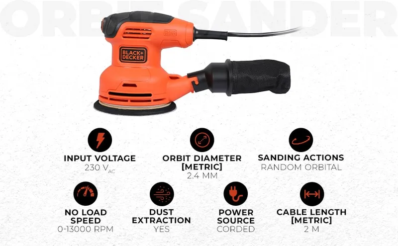 Black+Decker ▫️ BEW210-QS Lixadeira orbital 230 W, diâmetro do papel de lixa 125 mm, diâmetro da órbita 2,4 mm, fixação tipo velcro, saco de recolha de pó 3