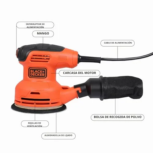 Black+Decker ▫️ BEW210-QS Lixadeira orbital 230 W, diâmetro do papel de lixa 125 mm, diâmetro da órbita 2,4 mm, fixação tipo velcro, saco de recolha de pó 4