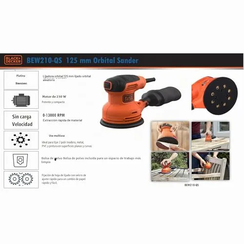 Black+Decker ▫️ BEW210-QS Lixadeira orbital 230 W, diâmetro do papel de lixa 125 mm, diâmetro da órbita 2,4 mm, fixação tipo velcro, saco de recolha de pó 6