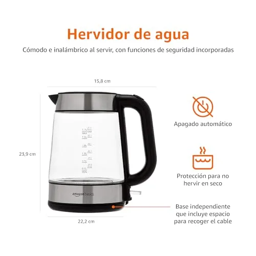 Amazon Basics ▫️ Chaleira elétrica de vidro, 1,7 l, 2200 W, Preto, Prateado 3