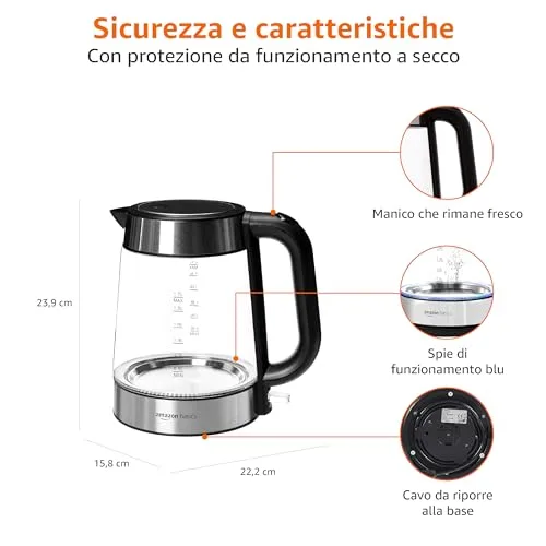 Amazon Basics ▫️ Chaleira elétrica de vidro, 1,7 l, 2200 W, Preto, Prateado 5
