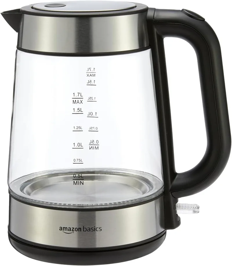 Amazon Basics ▫️ Chaleira elétrica de vidro, 1,7 l, 2200 W, Preto, Prateado