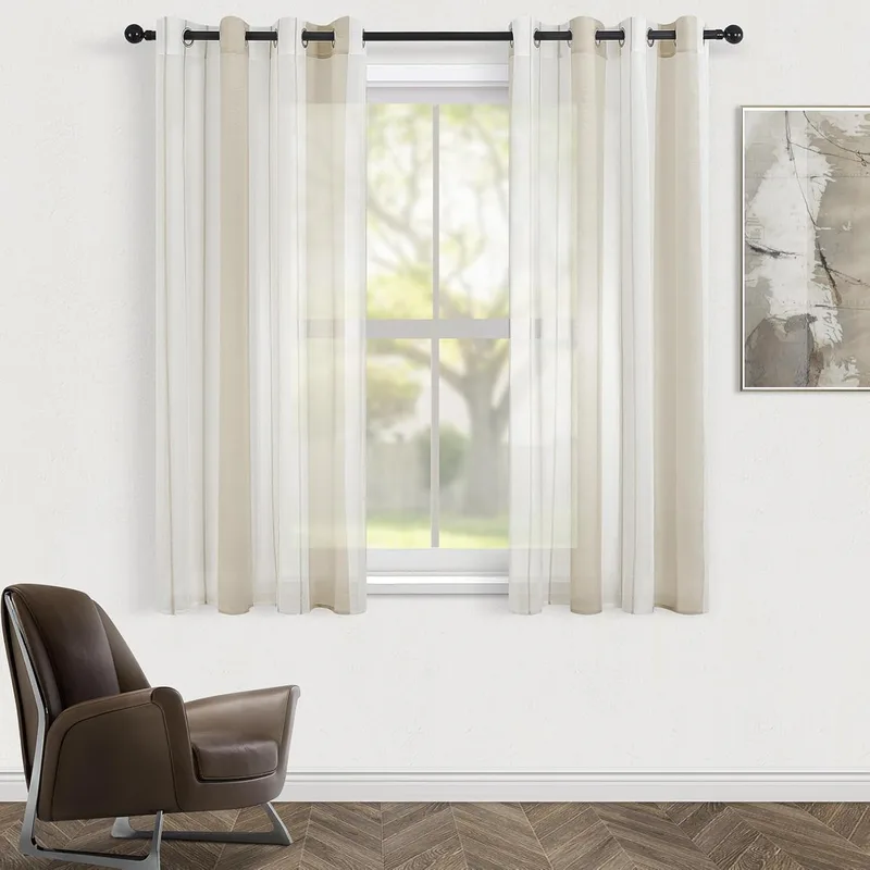 Topfinel ▫️ Cortinas Cortina de Quarto Cortina Curta para Janela 140x160cm Riscas Semitranslúcidas Branco+Cáqui Cortinas de 2 Peças com Argolas para Quarto Juvenil Sala de Estar e Sala de Jantar