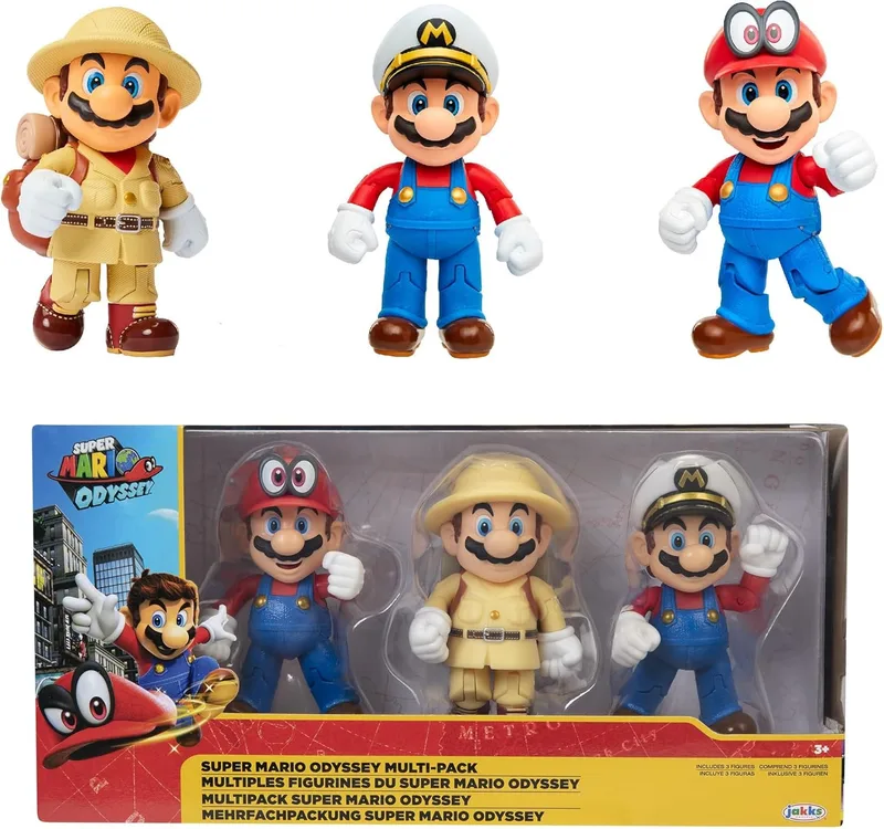 Super Mario ▫️ Nintendo - Multipack Odyssey com 3 figuras do Mario de 10 cm – As figuras têm até 11 pontos de articulação e poses únicas - Brinquedo para crianças a partir dos 3 anos