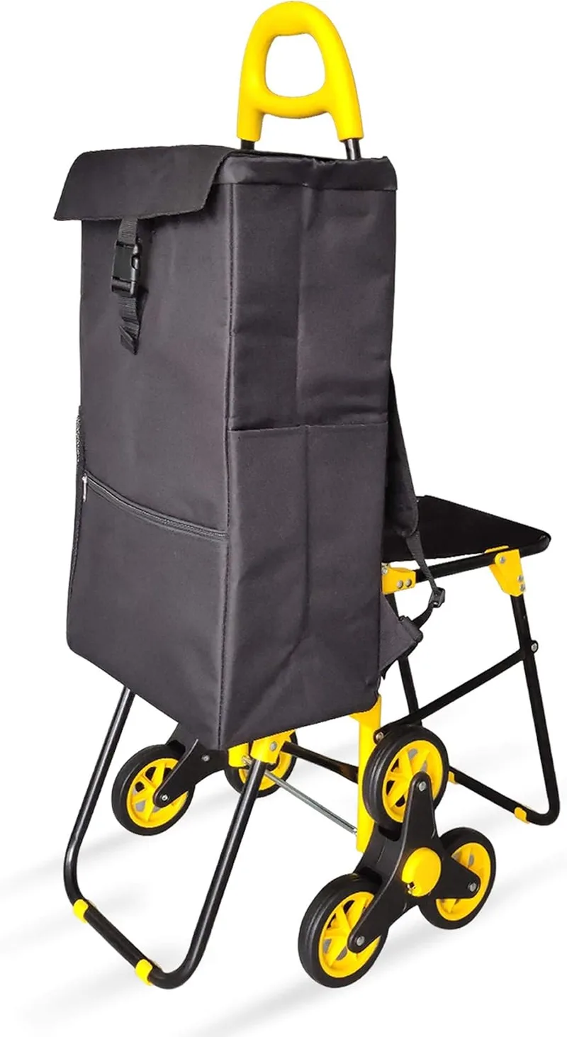 VOUNOT ▫️ ® 6-Wheel Foldable Shopping Trolley with Seat and 40 L Thermic Bag, for Climbing Stairs, Black