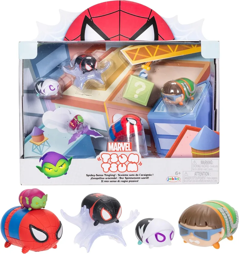 Tsum Tsum ▫️ Multipack Disney Marvel Spider-Man com figuras e acessórios da Jakks Pacific, inclui até 6 figuras, coleciona as personagens emblemáticas do Spider-Man, Jakks Pacific
