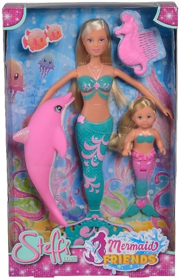 STEFFI LOVE ▫️ Simba- Steffi e Evi Sereias- Steffi 29 cm e Evi 12 cm com Corpo de Sereia com Pente de Golfinho e Cavalo Marinho. A partir dos 3 anos (105733336).