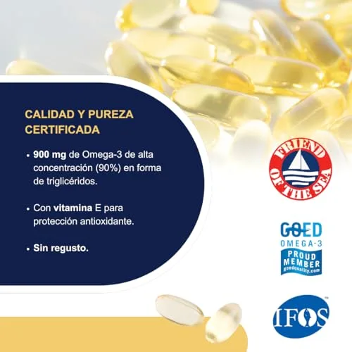 omegor ▫️ Ómega 3 EPA e DHA com Certificação IFOS, 90 cápsulas - Vitality 1000 Ómega-3 Óleo de peixe sem metais pesados e de fácil digestão 6