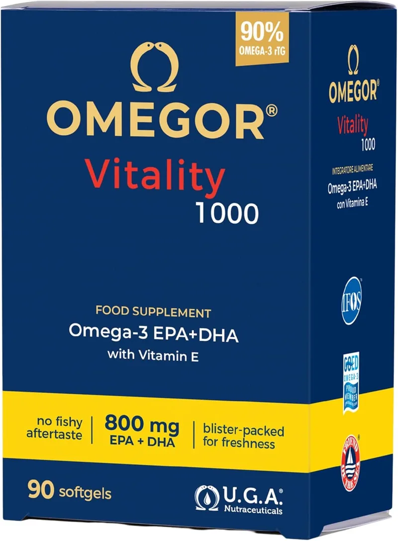 omegor ▫️ Ómega 3 EPA e DHA com Certificação IFOS, 90 cápsulas - Vitality 1000 Ómega-3 Óleo de peixe sem metais pesados e de fácil digestão