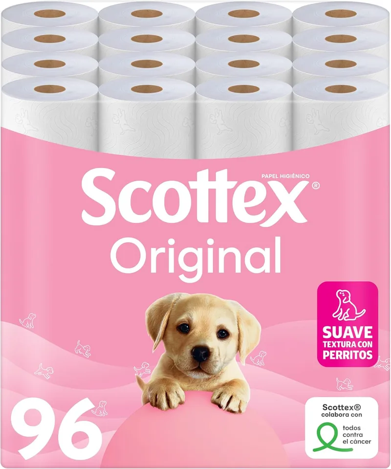 Scottex ▫️ Original Toilet Tissue, 96 rolos, 6 embalagens de 16 rolos, duas camadas que proporcionam o equilíbrio certo entre suavidade e resistência