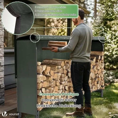 VOUNOT ▫️ ® Suporte para lenha de 2 metros | Prateleira para lenha | Cesto para lenha com tampa verde | Suporte para armazenamento de lenha para interiores e exteriores 4
