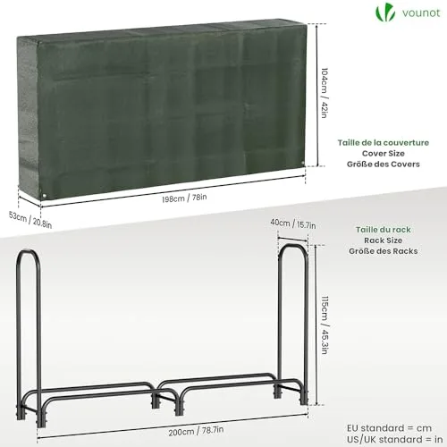 VOUNOT ▫️ ® Suporte para lenha de 2 metros | Prateleira para lenha | Cesto para lenha com tampa verde | Suporte para armazenamento de lenha para interiores e exteriores 5